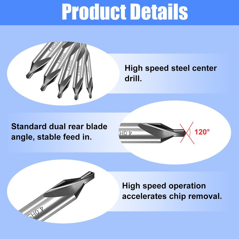 5Pcs Center Drill Bits Set M2 High Speed Steel 60