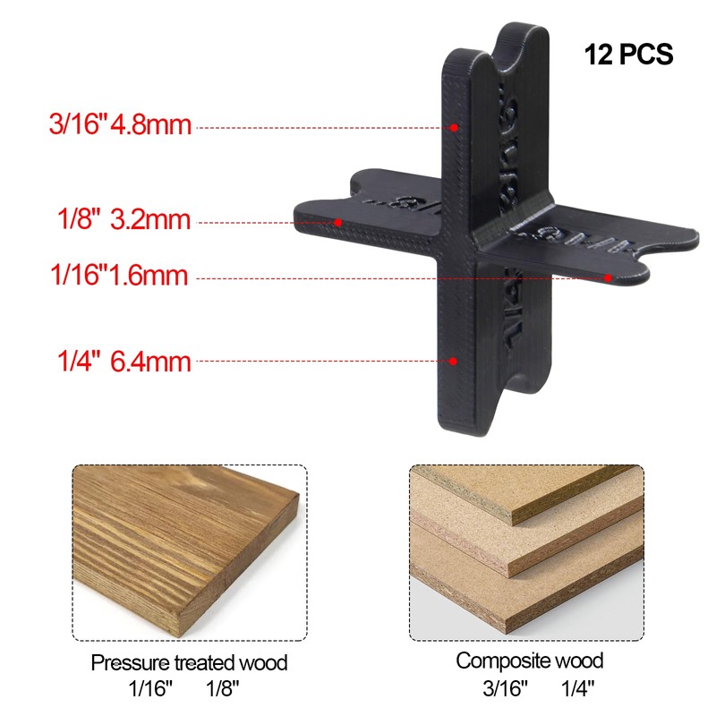12 Pcs Deck Board Spacer Kit - 4 Thicknesses (1/16",