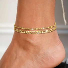 Minimalist Layered Ankle Bracelet 18K Gold Plated Cute Layering Cuban Ankle Bracelet Summer Boho Foot Jewelry Anklets for Women