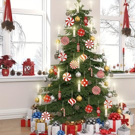 24pcs Christmas Ornaments for Christmas Tree Decorations Wooden Hanging Red White Crutches Candy Christmas Tree Hanging Decorations, Christmas Tree DIY Tags Crafts Decorative Accessories (Red)