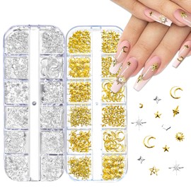 Jotia 2 Boxes Gold Silver Nail Charms, Star Moon Sun Nail Jewelry Decorations Nail Art Rhinestones for Women Girls DIY Manicures Crafting Decoration