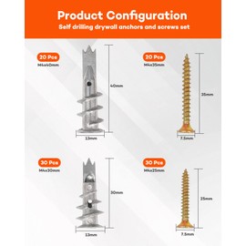 Gorffy 100PCS Self Drilling Plasterboard Fixings, M4 Heavy Duty Plasterboard Fixings, Metal Wall Plugs Drywall Screws, Self Drilling Drywall Anchors and Screws for Plaster Boards, Composite Boards