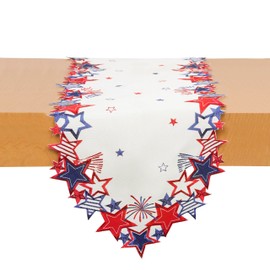4th of July Table Runner with Embroidered Stars Memorial Day Patriotic Décor Independence Day Holiday Kitchen Dining Table Decoration (13"x90")