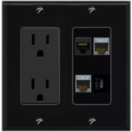 Wall Plate City CAT6 2 CAT7 USBC Port Wall Plate Black w Power Outlet
