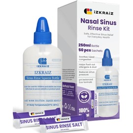 Nasal Rinse Kit – 250ml Squeeze Bottle + 50 Salt Sachets | Natural Sinus Cleanser for Allergy Relief & Nasal Hygiene – Drug-Free, PH Balanced – Safe for Adults & Kids 2+