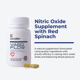 Xtendlife VasQFlow Natural Nitric Oxide Booster Supplement - Circulation & Blood Flow Support with Red Spinach Extract & Aged Garlic - Energy, Heart Health, Muscle Support - 1 Month Supply (90 Count)