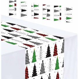MUNILAIL 6 PCS Christmas Table Runner Plastic 14 x 108 Gingham Tree Table Runner for Christmas Winter Holiday Kitchen Dining Tabletop Centerpiece Decorations Disposable Xmas Runners