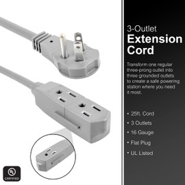 GE 3-Outlet Flat Extension Cord 25 Ft Grounded 3 Prong Extender Flat Plug Power Strip Indoor 16 Gauge UL Listed Gray 43025