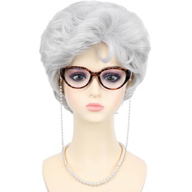 PUREHAIR White Old Lady Costume Wig for Women with Glasses Chain Necklace - Short Curly Grandma Wigs for Older Women Granny Outfit - Perfect for 100th Day of School Costume & Parties (Silver White)