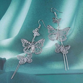Allereya Vintage Butterfly Earrings Linear Butterfly Drop Earrings Large Butterfly Earrings Silver Long Tassel Chain Earrings Jewellery for Women and Girls (Silver)