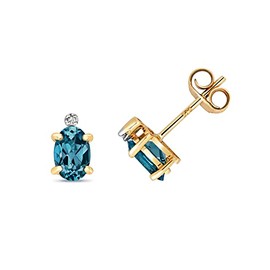 Pretty 9ct Gold Ladies Diamond Stud Earrings Brilliant Cut H - PK with London BlueTopaz - 8mm*5mm WJS28463