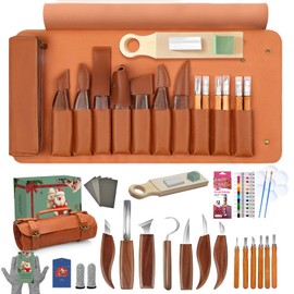COZYGIFT Whittling Kit for Adult Beginners (Paint Set Included), 33Pc Wood Carving Tools: 7 Knives, 6 Gouges, Solid Strop Board, Video Guide. Carve & Color DIY Hobby Gift for Basswood, Spoon, Gnome