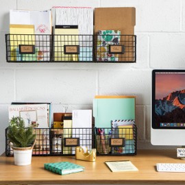 Wall35 Amalfi Hanging File Folders Office Desk Organizer Wall Mount Wire Basket Storage Magazine Holder 3 Sectional Set of 2 Black