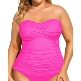 Aqua Eve - Traje de baño tankini de dos piezas para mujer, talla grande, sin tirantes, con parte inferior de cintura alta, Rosa encendido, 16 Plus