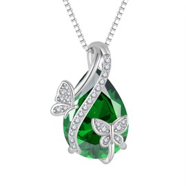 EJARY Butterfly May Birthstone Emerald Green Pendant Necklace for Women, 925 Sterling Silver Teardrop Cubic Zirconia Butterflies Necklace Jewelry