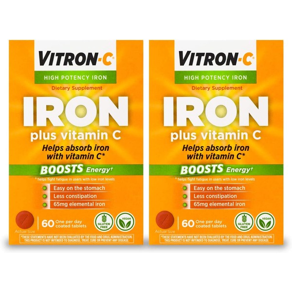 Vitron-C High Potency Iron Supplement with 125 mg Vitamin C, Orange, 60 Count, Pack of 2