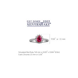 Silvershake Petite 7X5mm Simulated Oval Shape Red Ruby White Gold Plated 925 Sterling Silver Flower Cluster Engagement and Promise Ring July Gemstone Birthstone Size 7
