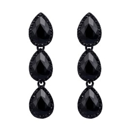 EleQueen Women's Black-tone Austrian Crystal Teardrop Pear Shape 2.4 Inch Long Clip-on Dangle Earrings