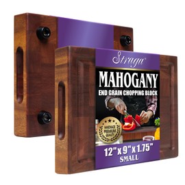 Straga Handmade Reversible End Grain Mahogany Heavy-Duty Chopping Block with Non-Slip Feet, Deep Juice Groove, Built-in Handles - Ideal for Cutting Meat, Cheese, Vegetables (12" x 9", Mahogany)