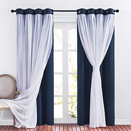 PONY DANCE Navy Blue Window Curtains - Double Layered Blackout Drapery White Crushed Sheers Light Blocking Panels Set for Living Room, 52 W x 84 L, Set of 2