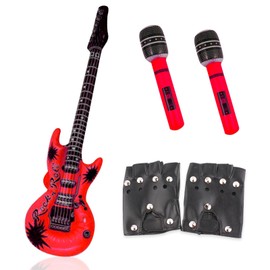 AYNKH Pack of 4 Punk Rocker Party Kit, Large Inflatable Guitar & Microphone, Heavy Metal Rocker Gloves, 80s Disco Musical Instrument Costume Accessory for Kids Adults Party