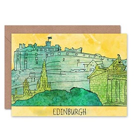 Wee Blue Coo DRAWING ILLUSTRATION EDINBURGH CASTLE SCOTLAND BLANK GREETINGS CARD