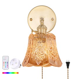 Shenmoyl Vintage Battery Operated Wall Sconce, Wireless Battery Powered Rose Wall Sconces with Remote Control, RGB Dimmable LED Plug in Wall Light for Bedside Bedroom Living Room (Amber)