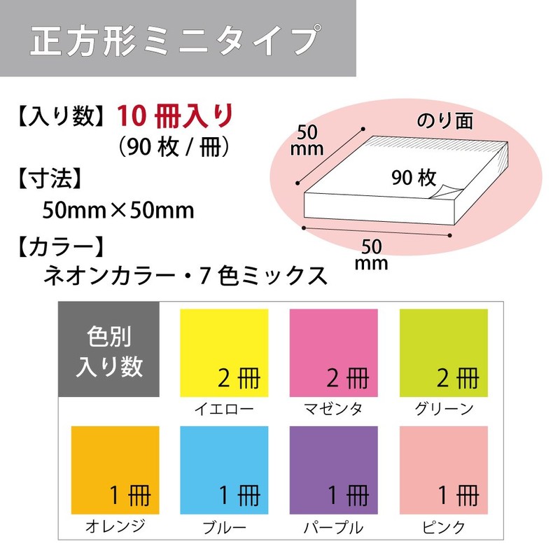 コクヨ 付箋 強粘着 K2 50mm×50mm ネオンカラー 90枚×10冊 7色 K2メ-KN5050X10