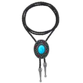 Men's Western-Bolo-Tie Blue-Turquoise Concho-Bolo-Tie American-Cowboy-Tie Adjustable Leather Rope 39" for Unisex One Size