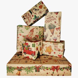 Christmas Kraft Wrapping Paper 6 Sheets 6 Designs,Xmas Brown Gift Wrapping Paper 50 X 70CM,Vintage Prints Baking Time Drops Gift Berry Elf Gift Wrap Paper Sheets For Christmas Holiday Party Supplies