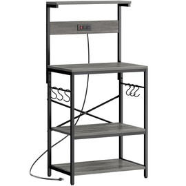 SUPERJARE Kitchen Bakers Rack with Power Outlet, Coffee Bar Table 4 Tiers, Kitchen Microwave Stand with 6 S-Shaped Hooks, Storage Shelf Rack for Spices, Pots and Pans - Charcoal Gray