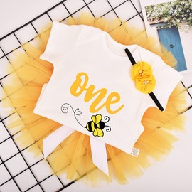 Gouldianfinch Infant Baby Girls 1st Birthday Outfits Bee Printed Romper with Headband + Tutu Skirt with Bowknot Toddler Princess Dress(Bee, 9-12 Months)