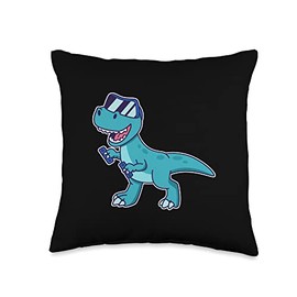 Fun VR Gamer Gifts For Boys Kawaii T-Rex Dinosaur Gamer World-VR Headset Throw Pillow, 16x16, Multicolor