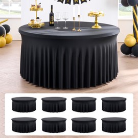 NSSONBEN 8 Pack Black Round Spandex Tablecloths 60 inch with Ruffled Skirt, Wrinkle Free High-Stretch 120 inch Table Cloth Round Fitted 5ft Spandex Table Covers for Party Graduation Wedding Banquet