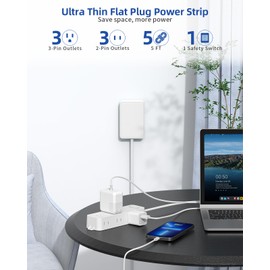 Flat Outlet Extender with Detachable Outlet Cover, Wall Extension Cord with 6 Sockets, Flat Plug Power Strip with 5 FT Cord Hidden for Home, Office, College Dorm, White