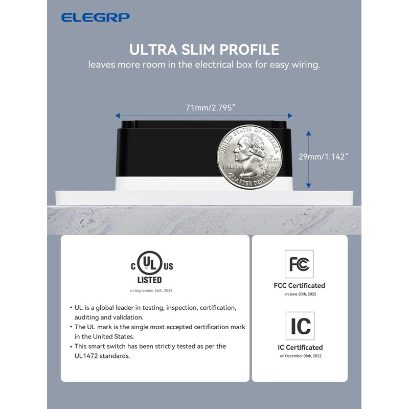 ELEGRP Single Pole Smart Dimmer Light Switch DPR10, 2.4GHz Wi-Fi