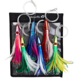 OCEAN CAT Teaser Chain Lures Trolling Lure Saltwater Fishing Lures with Stainless Steel Hook and High Strength Fishing Line Fully Rigged Chuggers for Wahoo Tuna Marlin Mahi Mahi (#052-Blue, 9in+9/0)