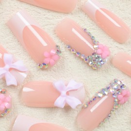 White French Tip Square Shaped Press on Nails Long Fake Nails with Bow Rhinestones Design False Nails Glossy Pink White Full Cover Acrylic Nails Sparkly Stick on Nails for Women DIY Nail Art 24 Pcs