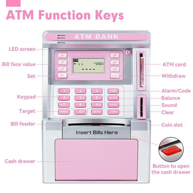 BAODLON Pink Piggy Bank for Kids, ATM Machine Bank for