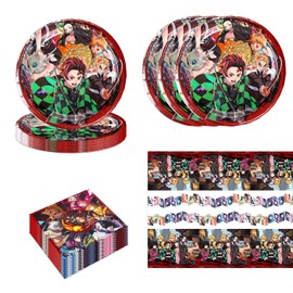 41Pcs Demon Slayers Party Supplies include 20 plates, 20 napkins for De Slayers 1 Tablecloth Birthday party Decoration