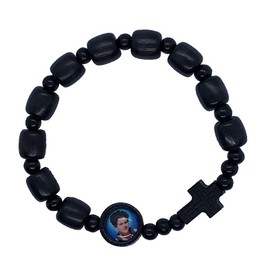 Carlo Acutis Stretch Rosary Bracelet, 9mm Black Wood Beads, Photo Bead & Cross
