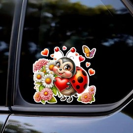 2pcs 5.12''x4.72'' Cute Cartoon Ladybug with Flowers Car Bumper Window Stickers for Car, Truck, Van, Laptop, Wall, Window, Home Decoration Decals, Vinyl Material Stickers | CZ107