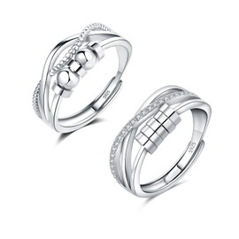 Deyanse Silver Anxiety Rings, 2 Pieces 925 Sterling Silver Anxiety Ring Set, Open Adjustable Anti-Stress Partner Rings, Infinity Spinner Fidget Ring with Beads, Unisex Decompression Rings Pair Rings,