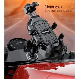BRCOVAN Soporte para teléfono de horquilla de motocicleta con amortiguador de vibración, soporte para celular resistente para tubos de vástago de 12 mm-25.4 mm de diámetro, ajustable para teléfono
