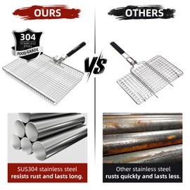 CEBERVICE Grill Basket Extra Large, SUS304 Stainless Steel, Portable Folding BBQ Camping Grilling Rack for Fish, Vegetables, Shrimp, Barbeque Griller Cooking Accessories, Grilling Gifts for Men, Dad