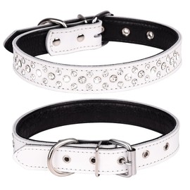 Haoyueer Rhinestone Dog Collar, Adjustable, Sparkling Crystal Studded Genuine Leather Pet Dog Collar for Small Medium Dogs (L, White)