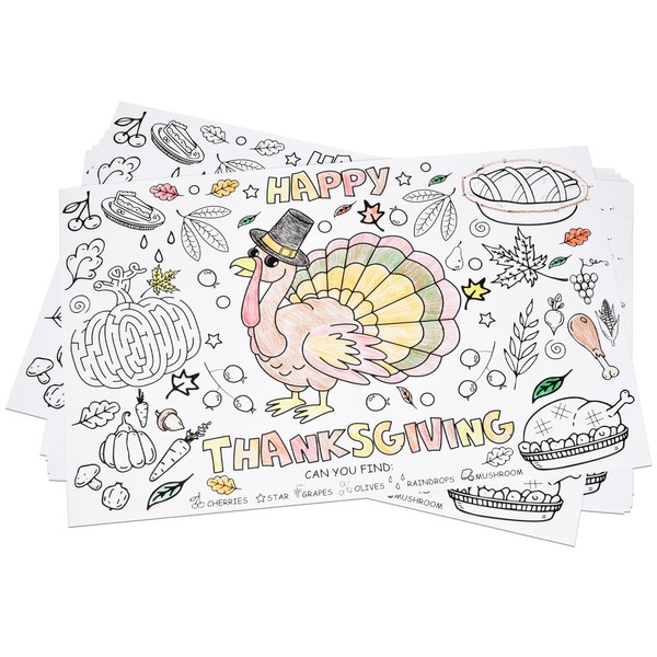 Disposable Thanksgiving Place Mats for Kids 50 Pack Turkey Coloring Activity Paper Place Mat 11”x 17” Happy Thankful Autumn Table Mat Chargers for Dinner Table Setting Children Fall Party Decor