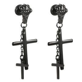 Flongo Men's Women Gothic Stainless Steel Black Cross Dangle Stud Earrings, Skull Skeletone Hand Claw Dangle Earrings, Vintage Cross Chain Stud Earrings Drop Dangle
