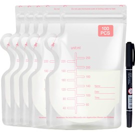 Sacos de Almacenamiento de Leche, 100 Pizeas Bolsas para Leche Materna de Congelables, Bolsas de Almacenamiento de Leche Materna, Bolsas Leche Materna con Boquilla de Vertido Fácil y Rotulador (Estándar, unidad, 100)