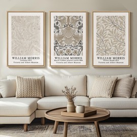 Framed Vintage William Morris Canvas Wall Art Set of 3, Large Neutral Floral Artwork Prints, Botanical Nature Aesthetic Wall Decor for Living Room, Bedroom, Hallway and Office, Total Size 30x60